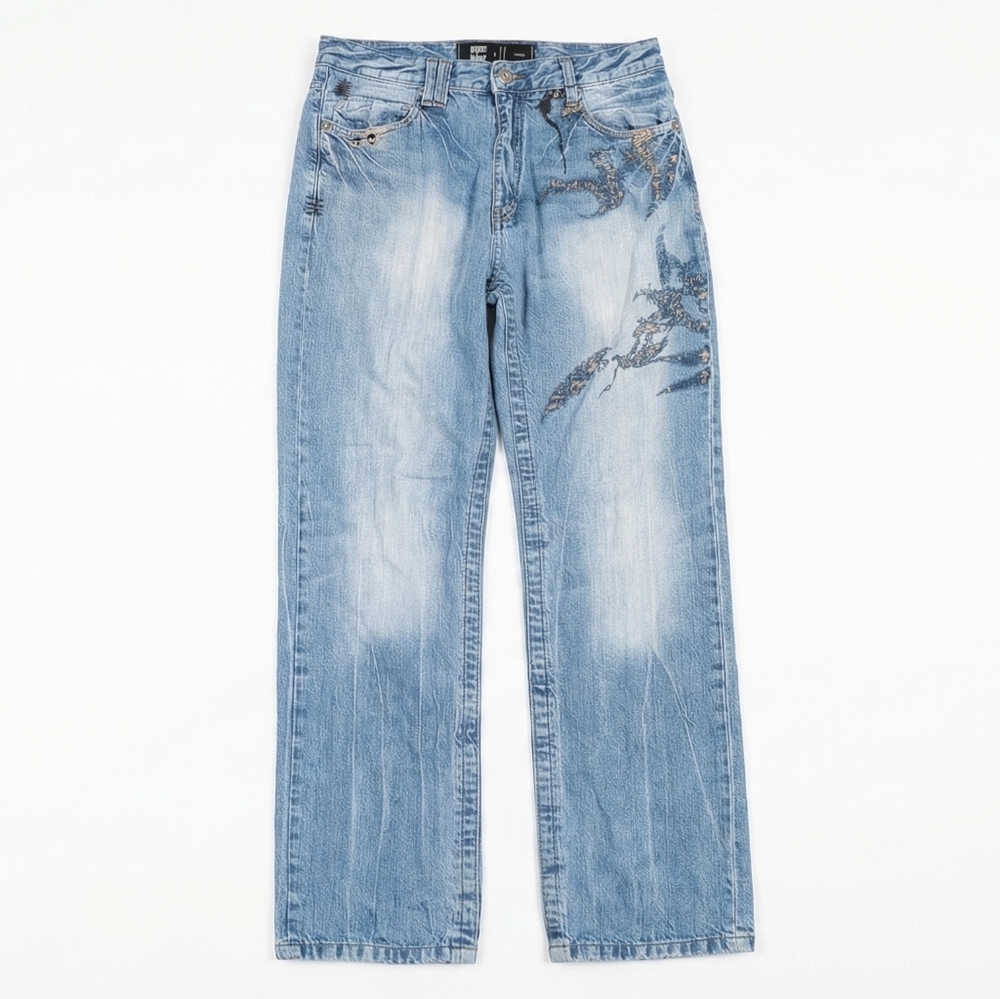 Akademiks Jeans Mens 34 Y2K Baggy Distressed Beaded Embroidered Hip Hop‎ Denim